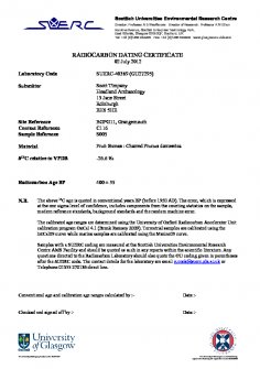 Radiocarbon dating certificate associated with a desk based assessment, archaeological excavation and historic building recording at Earls Gate Park, Grangemouth