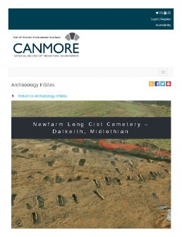 Digital copy of Archaeology InSites feature regarding Newfarm Long Cist Cemetery – Dalkeith, Midlothian