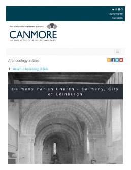 Digital copy of Archaeology InSites feature regarding Dalmeny Parish Church - Dalmeny, City of Edinburgh