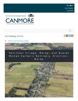 Digital copy of Archaeology InSites feature regarding Tomintoul Village, Moray; and Scalan Roman Catholic Seminary, Glenlivet, Moray