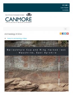 Digital copy of Archaeology InSites feature regarding Ballochmyle Cup and Ring marked rock - Mauchline, East Ayrshire