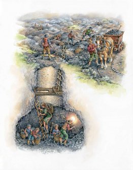 'Down a bell pit, Wilsontown Ironworks'
A reconstruction drawing of a bell pit at Wilsontown Ironworks by illustrator Michael Blackmore.
