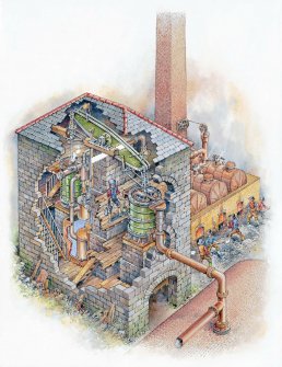 'Blast furnace blowing engine, Wilsontown Ironworks'
A reconstruction drawing of an engine house at Wilsontown Ironworks by illustrator Michael Blackmore.