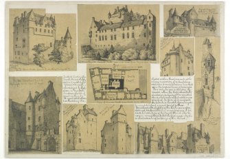 Drawings showing Glamis Castle, Cawdor Castle, Megginch Castle, Ferniehurst Castle, Elsieshields, Kellie Castle, Killochan Castle and Girnigoe Castle.