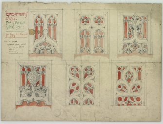 Interior. Drawing entitled "'Greyfriars" Elgin: Frets round spiral stair: for sizes see templates'.  'Order no: 20768, 39 Carved tracery panels in pine for spiral stair: various sizes.' Possibly by David Ramsay.