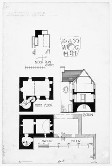 Floor plans, section and sketch of carved stone.
