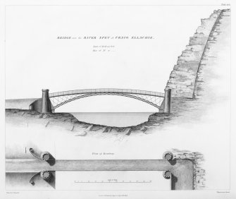Engraving of elevation and plan inscr: ''Bridge over the River Spey at Craig Ellachie.''