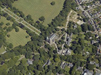 Oblique aerial view centred on the cathedral, burial ground and park, taken from the WSW.