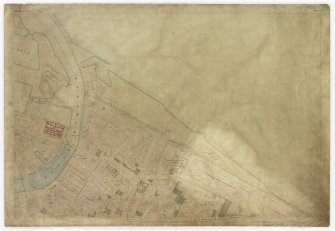 Digital image of First Edition 0S 1852 Edinburgh and its Environs (coloured) Sheet 13.
The sheet covers an area  which includes N Leith, the Inner Harbour, Bernard Street, Salamander Street, the Custom House, Edinburgh and Leith Glass Works and