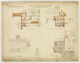 'Edinburgh & Leith Corporations' Gas Commissioners. Waterloo Place Office Extensions'
Section on line AB, East elevation section through GH, Elevation to Waterloo Place, Back elevation.
Signed: 'W R Flemming'