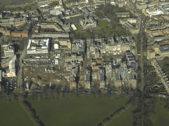 Oblique aerial view centred on the old Royal Infirmary Hospital and George Heriot's School, taken from the S.