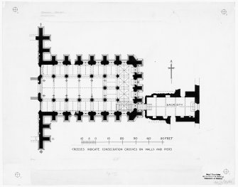 Plan of Rosslyn Chapel, Roslin.
Titled: 'Crosses indicate consecration crosses on walls and piers' 'Crypt found, Feb 84. Overlay drawn 18.4.84' AL'