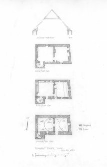 Ground, first and second floor plans, and roof detail.