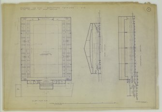 Revised preliminary gallery floor plan and sections.
Title: 'Proposed Ice Rink Beresford Terrace, Ayr.'
Insc: 'J. And J. A. Carrick, L. and A.R.I.B.A. Archts. Wellington House, 7 Alloway Place, Ayr 14 December 1937.'