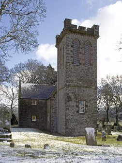 View of the west tower of the Parish Church of Ettrick & Buccleuch, taken from WNW