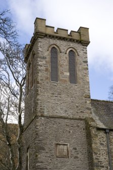 Detail of the upper west bell tower at Parish Church of Ettrick & Buccleuch