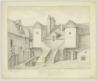 View of White Horse Inn. Copy of drawing inscribed 'Sketched and Drawn by Alexander Archer 1840.  The White Horse Inn, so called in Queen Mary's time, situated at the foot of Cannongate, in what is at present called, Davidson Close.  Edinburgh.'