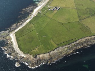 Oblique aerial view centred on the Broch of Burrian, taken from the SSE.