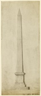 Perspective elevation by William Playfair of an obelisk inscribed with measurements (a proposed design for the Scott Monument) with a pencil sketch of a doorway on the reverse
