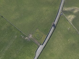Oblique aerial view centred on Torhousekie stone circle, taken from the E.