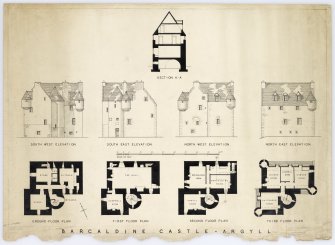 Barcaldine Castle.
Ground, first, second and third floor plans, elevations and section.
Title: 'Barcaldine Castle, Argyll'.
Insc: 'Leslie Grahame - Thomson,  R.S.A. F.R.I.B.A. Architect, 6 Ainslie Place Edinburgh, 3.'

