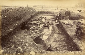 Copy of original photograph showing masonry near the west gate of Ardoch Roman Fort. From the Society of Antiquaries of Scotland excavations in 1896-7.
