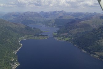 General oblique aerial view of looking along Loch Leven towards Ballachulish Bridge and Glen Coe, taken from the SW.