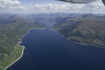 General oblique aerial view of looking along Loch Leven towards Ballachulish Bridge and Glen Coe, taken from the SW.