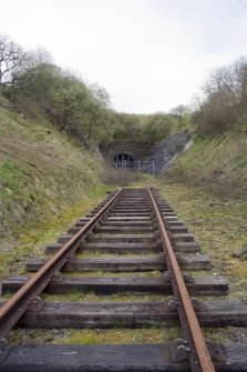View from S of Whitrope railway tunnel mouth, S entrance.  Relaid railway track as part of Heritage Centre.