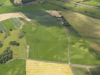 Oblique aerial view of the cropmarks of the rig and furrow and pits with Plean Tower in the background, taken from the NNE.