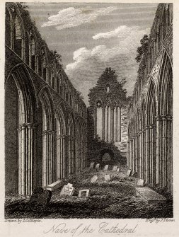 Engraving of the nave of Dunblane Cathedral.
Titled: 'Dunblane, Nave of the Cathedral. Drawn by J. Gillespie. Engraved by J. Storer.'
