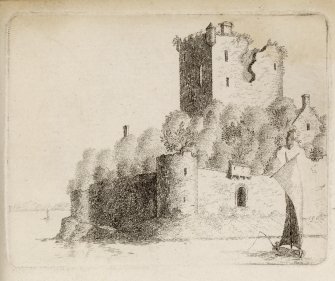 Engraving of Lochore Castle from the west.
Titled 'Lochore Castle. This Castle is built on a peninsula, on the south side of the loch of Lochore, in the shire of Kinrose, and was erected by Duncan de Lochor, in the reign of Malcolm IV anno 1160: it consisted of a strong square tower, with many lower buildings, surrounded with a wall, having round towers at the corners; the wall on three sides are washed by the water of the loch or lake, which formerly abounded with pike and perch. In the reign of Alexander II. Adam de Lochor was Sheriff of Perth; David de Lochor is in 1255 also Sheriff; in 1289 Hugo de Lochor is Vicompt de Fife, as is Constantinus in 1292; David de Lochor is named in Ragman's Roll in 1296. In 1315 Thomas de Lochor was in the Parliament at Air that tailzed the Crown, and his seal is appended to that act. In the reign of King Robert Bruce the estate came by marriage to Adam de Valloniis, and from them again by marriage to Sir Andrew Wardlaw. Over the door in the tower is inscribed "Robertus de Wardlaw" who greatly fortified and repaired it. This view is from the west.' [Adam de Cardonnell, "Picturesque Antiquities of Scotland," 1788.]