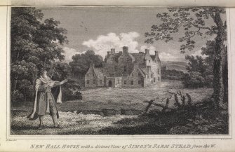 Engraving of Newhall House from the west.
Titled 'New Hall House with a distant view of Simon's Farm Stead, from the west."