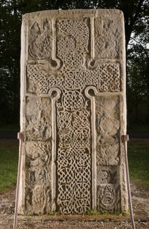 View of face of the Rodney's Stone cross slab (flash)
