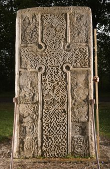 View of front of the Rodney Stone, Pictish cross slab (flash, with scale)