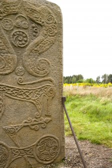 Detail of ogham inscription on right hand side of rear face of the Rodney Stone (daylight)