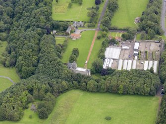 Oblique aerial view of Kinneil House and Duchess Anne Cottages, Bo'ness, taken from the WSW.