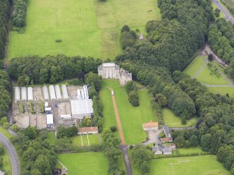 Oblique aerial view of Kinneil House and Duchess Anne Cottages, Bo'ness, taken from the ENE.