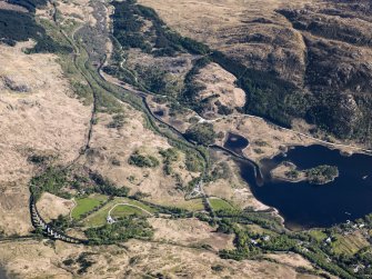 General oblique aerial view of the Glenfinnan Viaduct and Monument, taken from the NW.