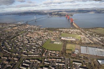 General oblique aerial view of South Queensferry, Forth Bridge and Forth Road Bridge, taken from the S.