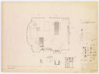 Survey showing proposed layout of furniture in principal's room.  Includes side elevation of drinks cupboard and estimated costs of furniture.
Title: Edinburgh University Old College