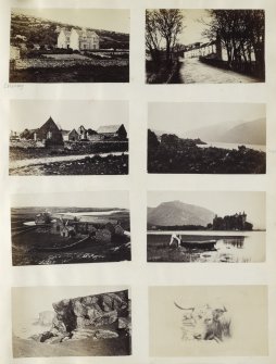 View of eight small photographs variously identified.
The top two images are variously identified. The left image is a wide view of a cottage, specific location is unknown, on Colonsay Argyll. The right image is of an entrance to an unknown long building. 

The upper-central two images are both identified. The left image is a wide-angle view of the ruins of Oronsay priory, Oronsay, Argyll. The right image is a wide-angle view of the ruins of Inishail Old Parish Church and the surrounding Loch Awe, Argyll.

The lower-central two images are both identified. The left image is a 'birds-eye' view of Oronsay Priory ruins, Oronsay, Argyll. The right image is a wide-view of Kilchurn Castle and the surrounding Loch Awe, Argyll. There is additionally a male figure pushing a boat onto the loch in the foreground.

The lower two images are unidentified. The left image is of a rock formation, probably in Colonsay, and the right image is a view of the head of a bull, again probably Colonsay.

PHOTOGRAPH ALBUM No. 187, (cf PAs 186 and 188) Rev. J.B. MacKenzie of Colonsay Albums,1870, vol.2.
