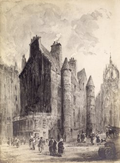 View of old Tolbooth in the High Street, Edinburgh.
Titled:  "Heart of Midlothian. after Ewebank"