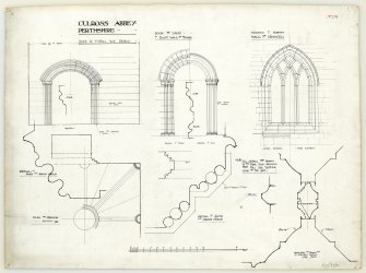 Elevations of recess in tower wall, door to nave in east wall of tower, window in north wall of chancel; plan of ceiling and details of jamb and arch mould, Culross Abbey.