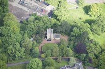 Oblique aerial view of Cramond Tower, looking N.