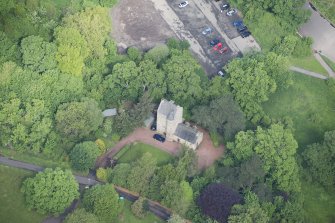 Oblique aerial view of Cramond Tower, looking NW.