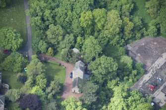 Oblique aerial view of Cramond Tower, looking W.