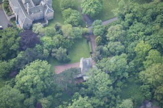 Oblique aerial view of Cramond Tower, looking S.