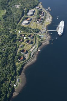 Oblique aerial view of the Finnart Oil Terminal, looking SSW.