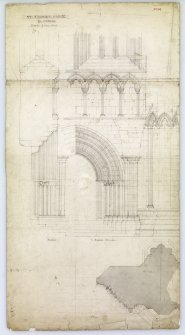 Exterior elevation, section and details of west front of St Andrews Cathedral.